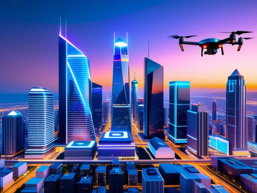 Ciberseguridad en la Era del IoT: Ciudad futurista con dispositivos IoT integrados en la infraestructura urbana, drones vigilando y luces neón