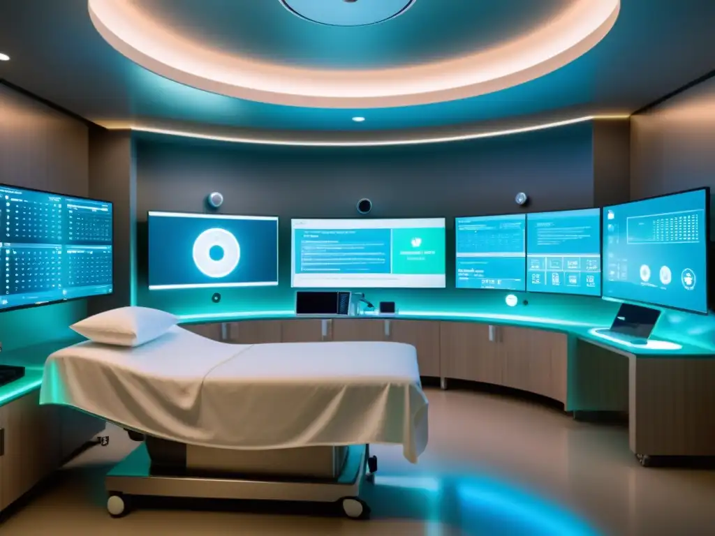 Ciberseguridad en el sector médico: Futurista sala hospitalaria con dispositivos médicos interconectados y monitores, en un ambiente sereno y seguro