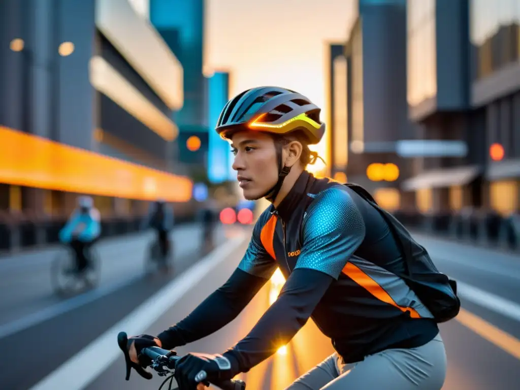 Un ciclista urbano con casco inteligente 5G navegando entre la arquitectura futurista al atardecer