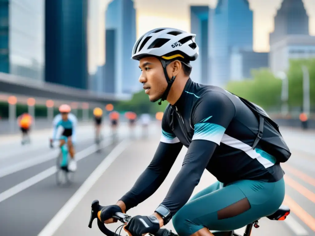 Un ciclista urbano con casco 5G, integrando tecnología avanzada para la seguridad en el ciclismo urbano 5G, con la ciudad al fondo