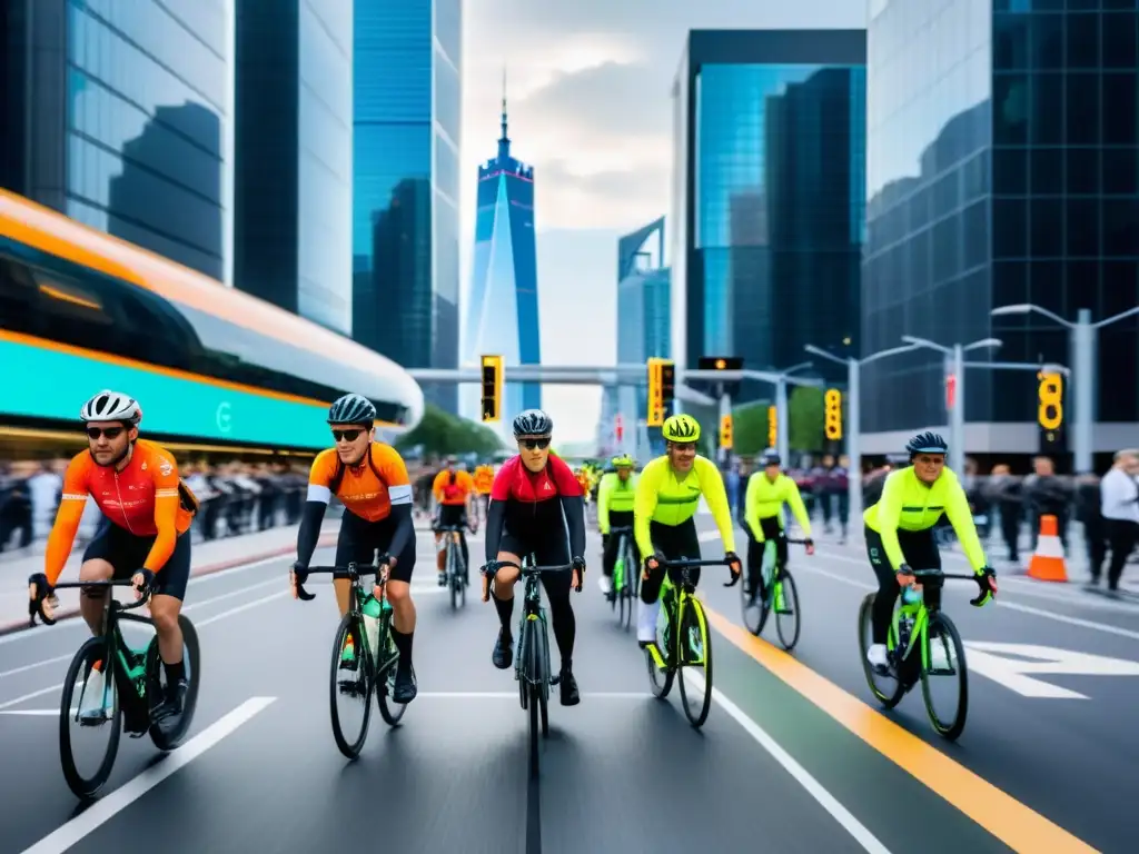 Ciclistas urbanos con tecnología de seguridad 5G, rodeados de arquitectura futurista