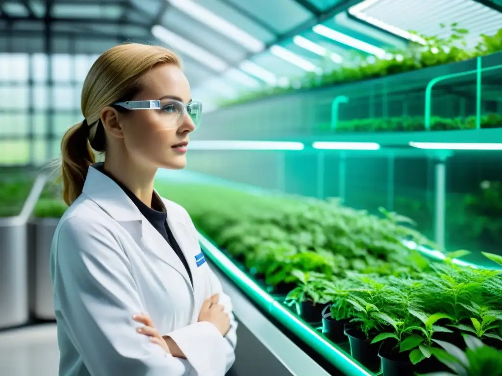 Una científica examina tecnologías emergentes en hidratación sostenible en una planta futurista rodeada de exuberante vegetación