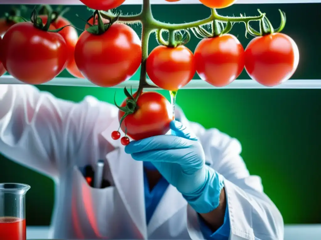 Un científico en bata de laboratorio realiza un meticuloso mejoramiento genético en una jugosa y perfecta tomate