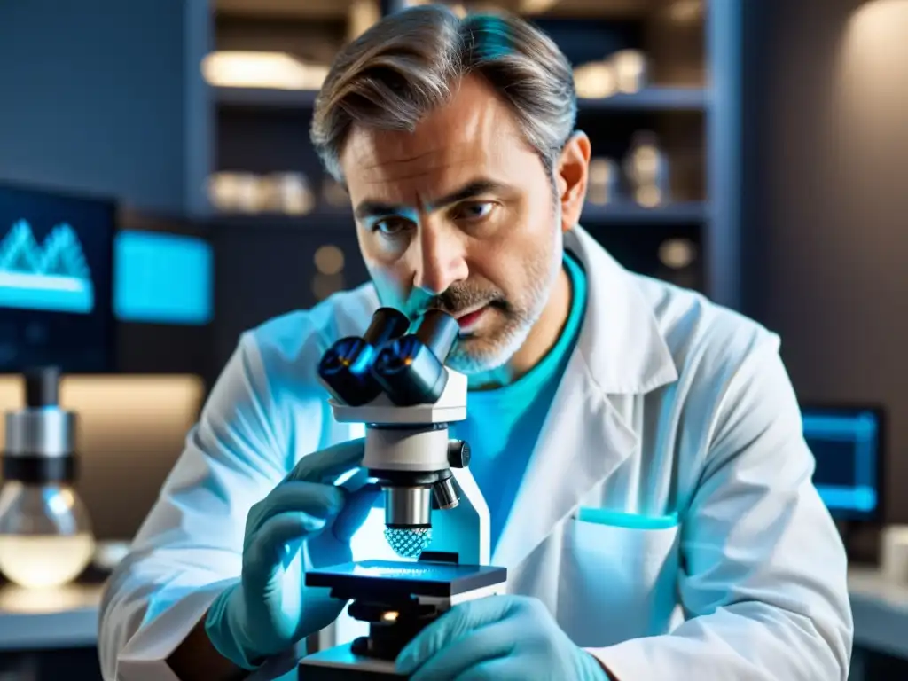 Manipulación precisa de ADN con herramienta CRISPR Un científico manipula cuidadosamente una cadena de ADN bajo un microscopio, con la herramienta de edición genética CRISPR visible en segundo plano