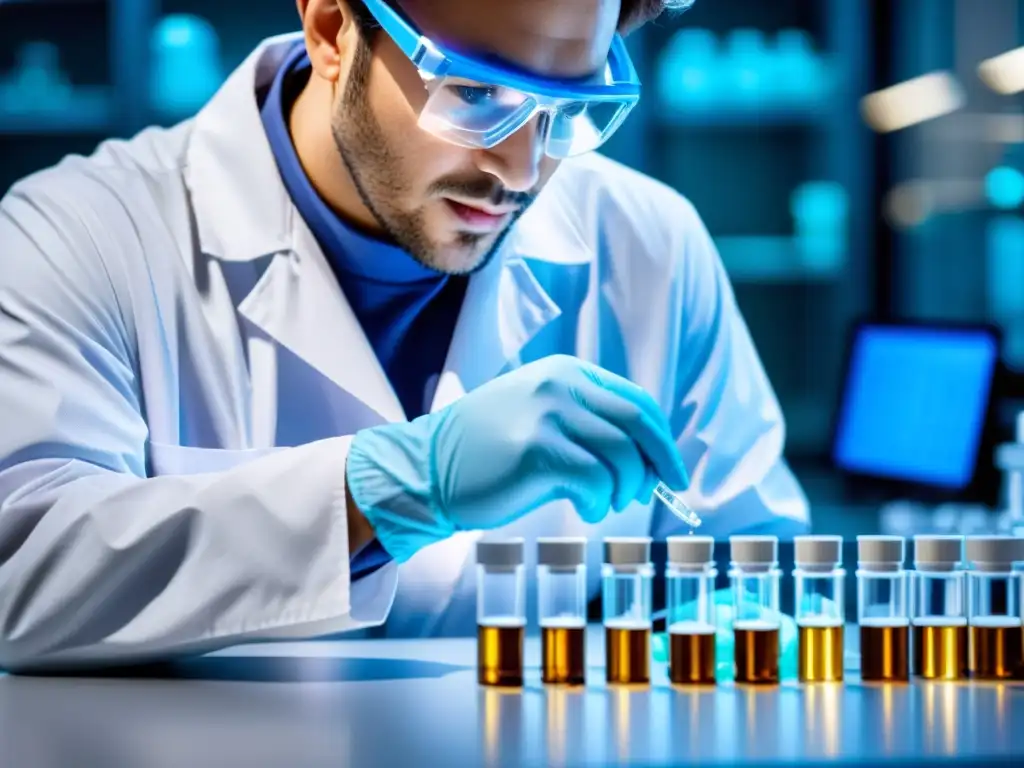 Avanzada investigación en biotecnología para vacunas Un científico en un laboratorio de biotecnología de vanguardia manipulando minúsculos viales y equipo intrincado, destacando la innovación y precisión