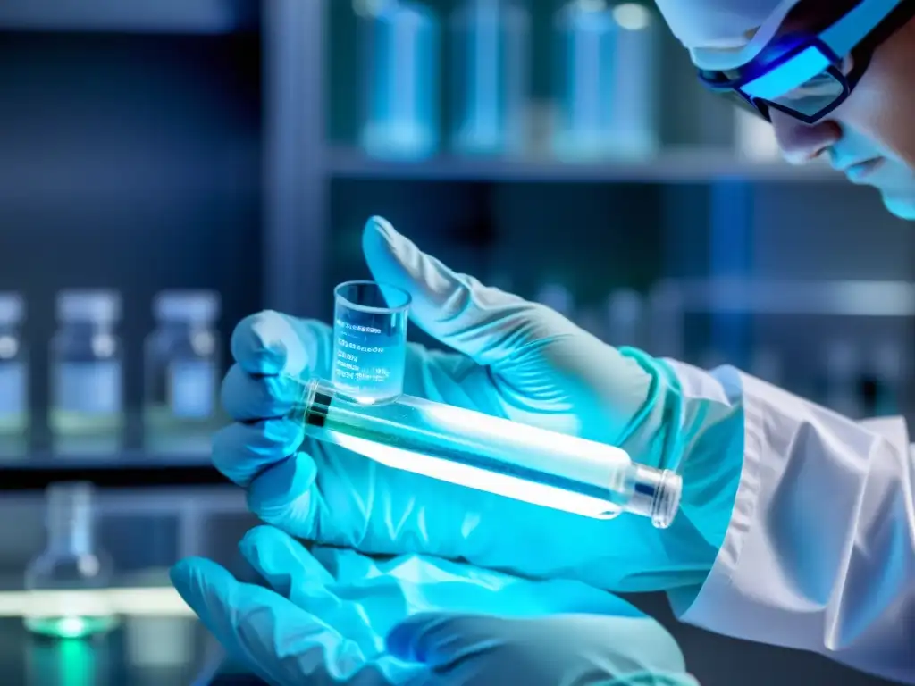 Scientist handling iridescent liquid in high-tech lab Un científico en un laboratorio de biotecnología de última generación manipulando un vial con líquido iridiscente