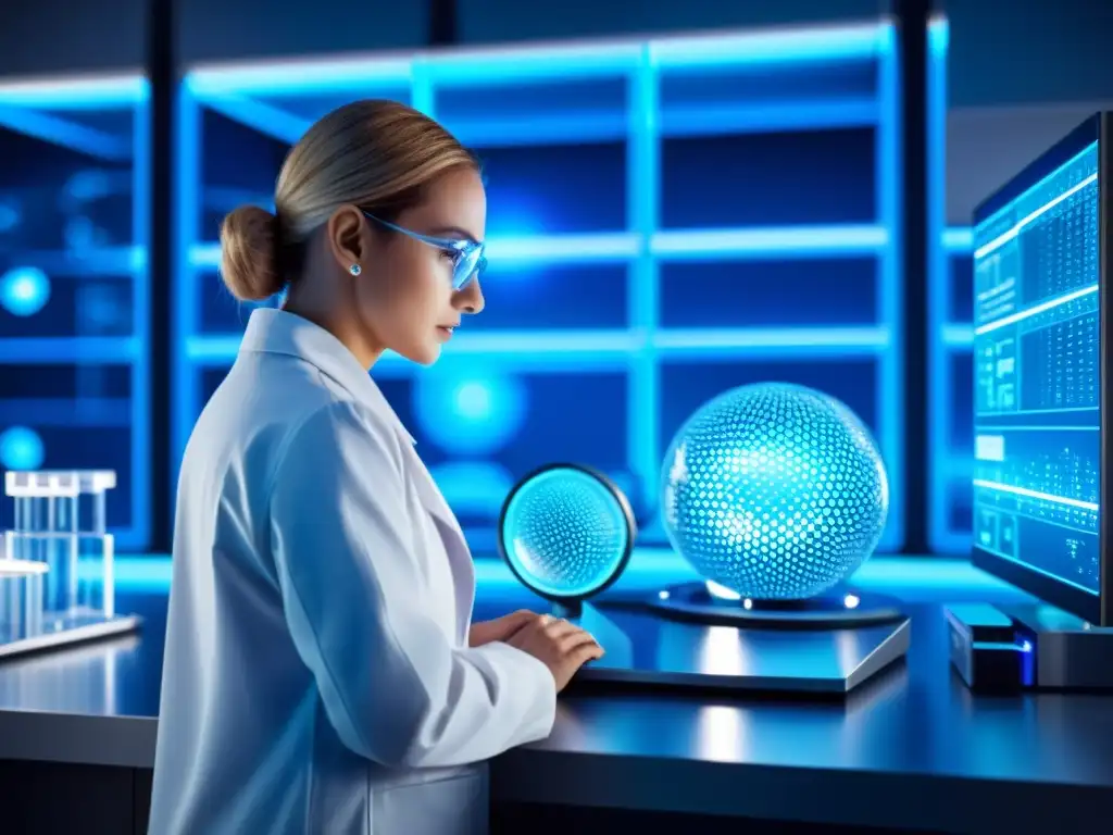 Un científico en un laboratorio moderno manipula nanopartículas con tecnología avanzada, rodeado de equipamiento médico futurista y pantallas mostrando estructuras moleculares