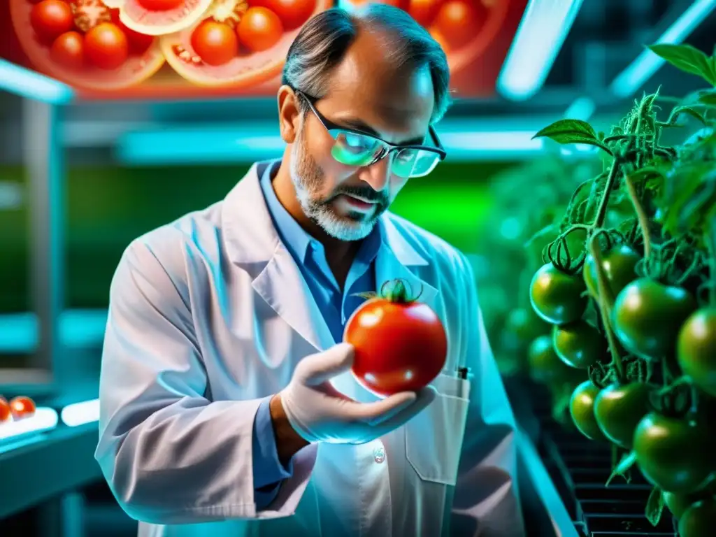 Un científico en un laboratorio modifica genéticamente un tomate maduro con tecnología avanzada, iluminado por un suave resplandor futurista