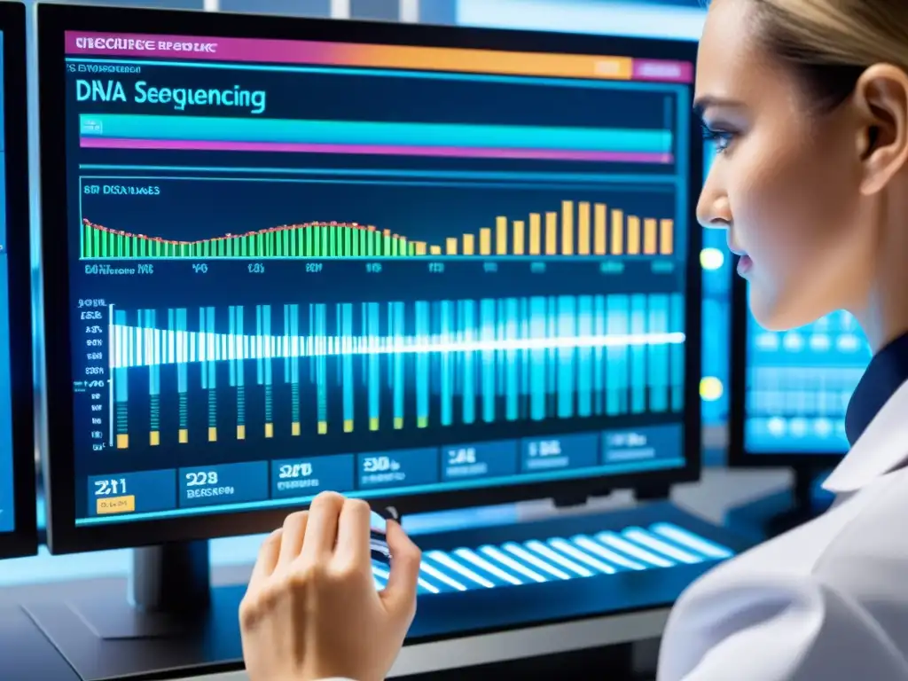 Un científico ajusta con precisión una máquina de secuenciación de ADN en un laboratorio moderno, con gráficos coloridos y visualizaciones de datos en pantalla