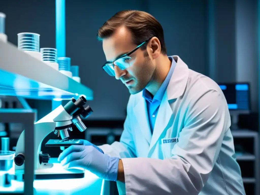 Un científico manipula material genético bajo un microscopio en un laboratorio de biotecnología
