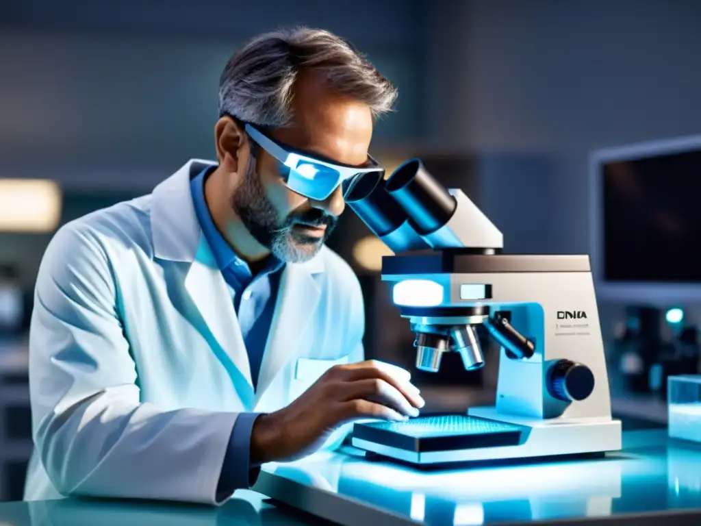 Exploración genética de vanguardia en laboratorio futurista Un científico ajusta cuidadosamente un microscopio para examinar una muestra de ADN en un laboratorio moderno y futurista