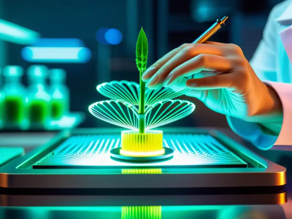 Un científico manipula con precisión el ADN de una planta en un laboratorio futurista