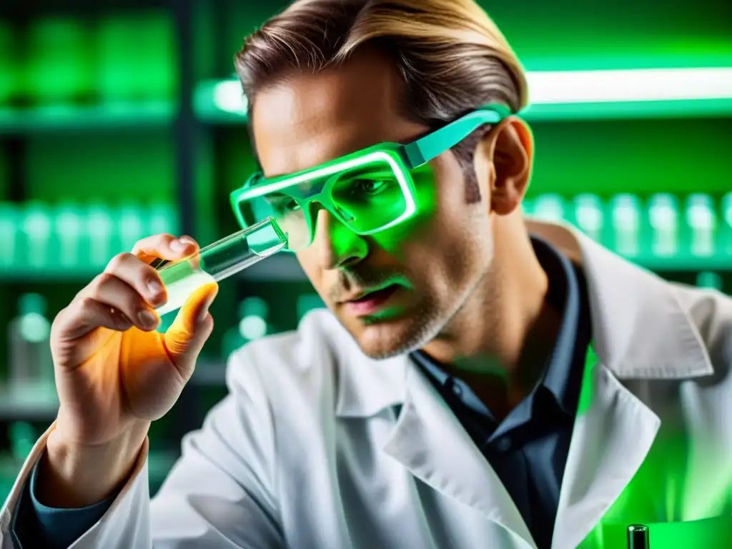 Avances biotecnológicos en un laboratorio de vanguardia Un científico examina con precisión un vial de líquido verde en un laboratorio de biotecnología de vanguardia