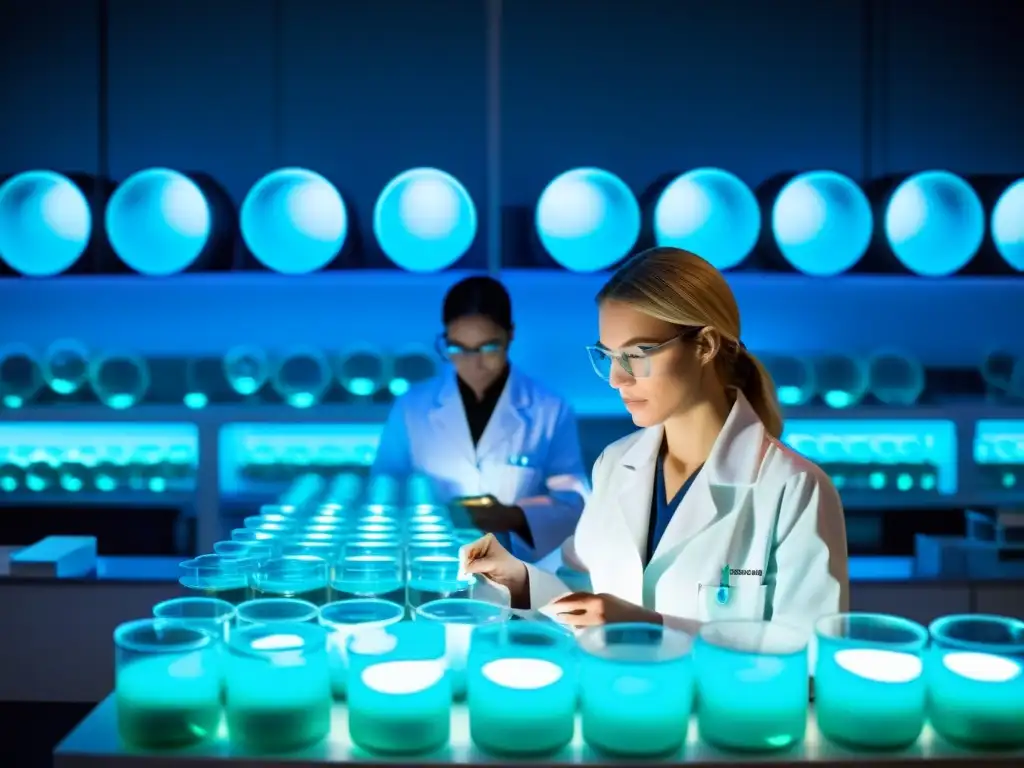 Científicos en laboratorio de biotecnología luchan contra resistencia antibiótica en colonias de bacterias bajo luz azul