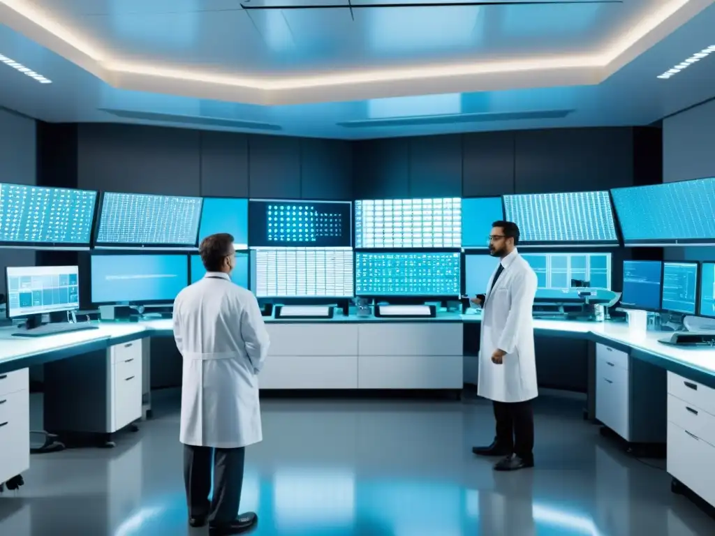 Manipulación genética: científicos en laboratorio futurista Científicos manipulando material genético en un laboratorio moderno, simbolizando la complejidad ética y científica de la edición genética