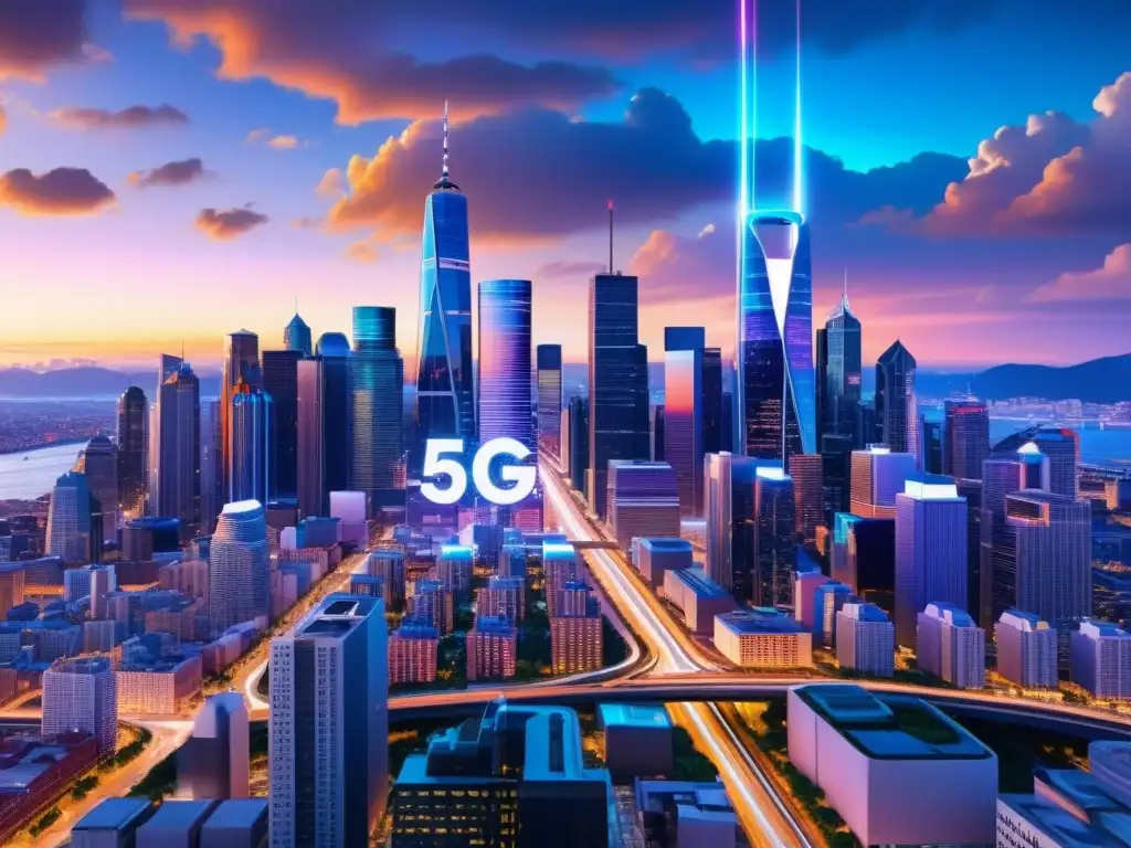 La ciudad bulliciosa al anochecer, con señales 5G brillando desde torres futuristas, se entrelazan con luces urbanas