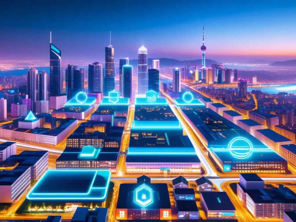 Metrópolis futurista con IoT y blockchain Una ciudad futurista de alta tecnología iluminada por luces de neón, con dispositivos IoT integrados, asegurados por la tecnología blockchain