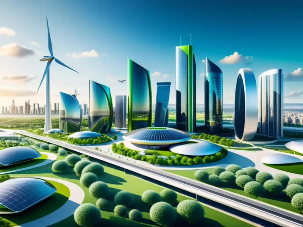 Una ciudad futurista con edificios sostenibles, energía renovable, vehículos eléctricos y tecnología para la mitigación del cambio climático