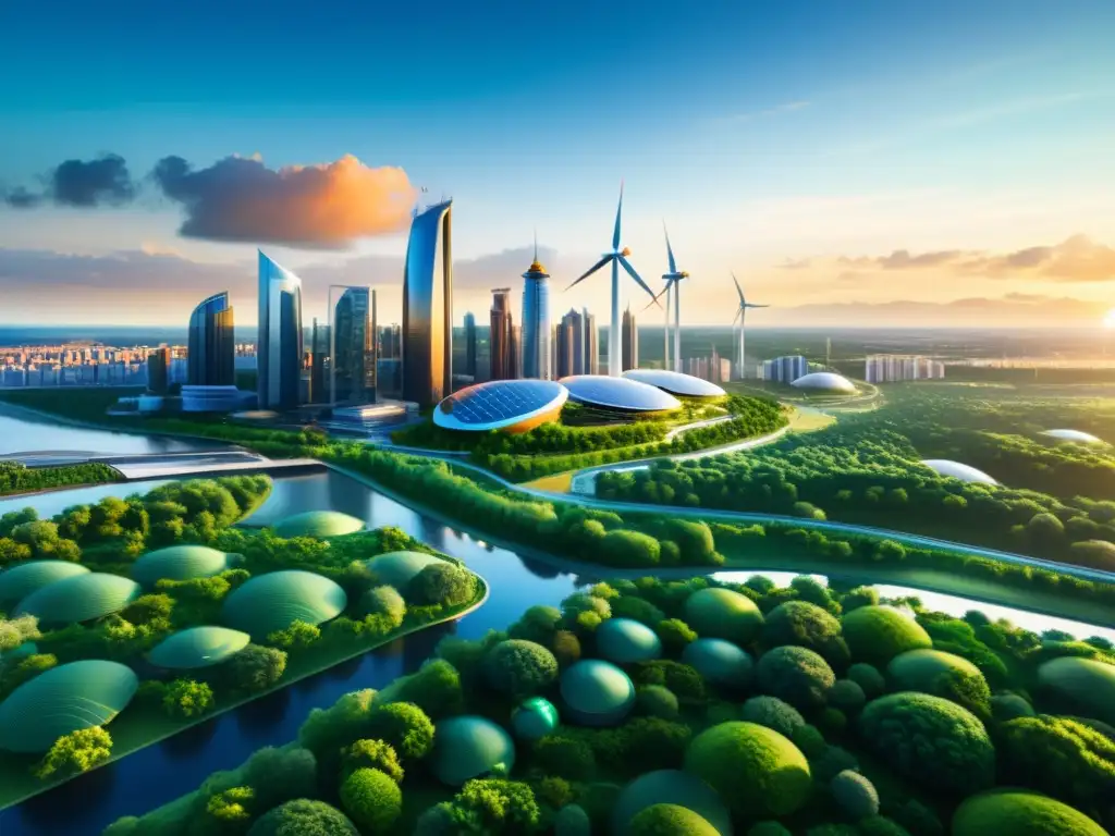 Una ciudad futurista con edificios sostenibles, energías renovables y naturaleza integrada, evocando armonía entre tecnología y sostenibilidad