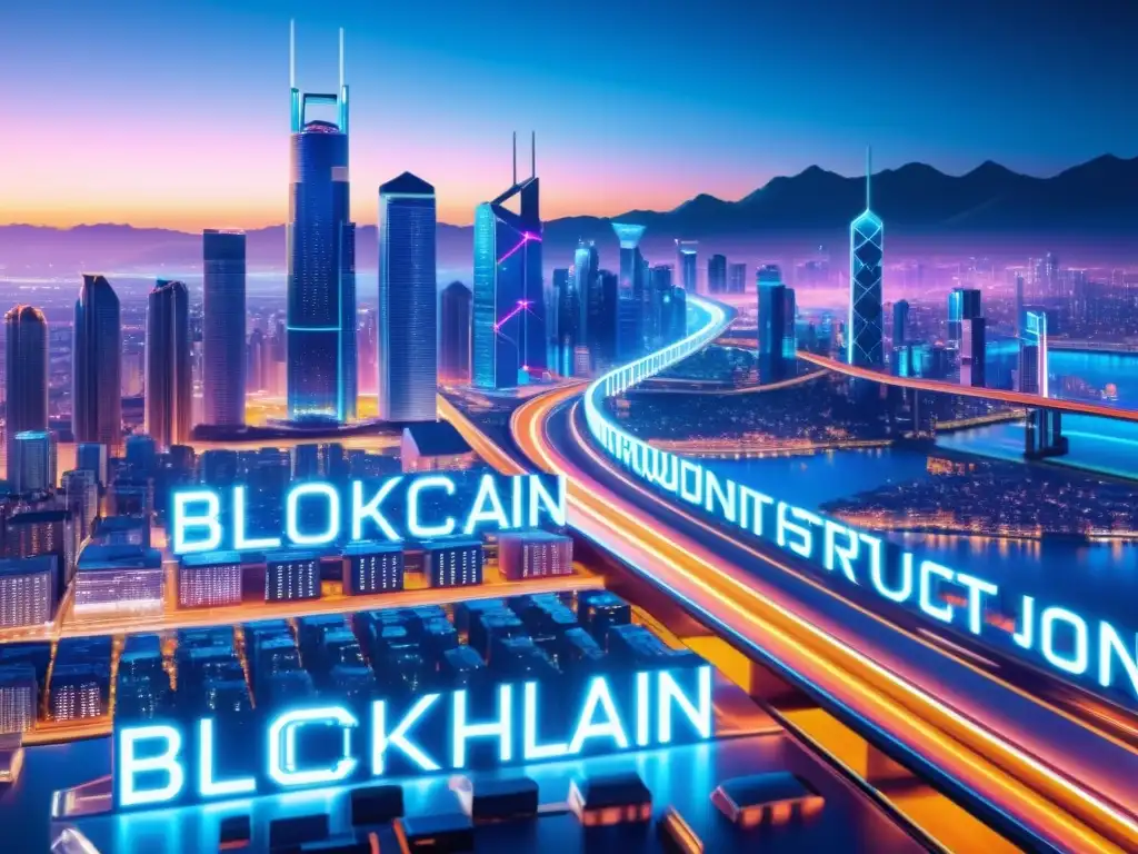 Una ciudad futurista iluminada con luces de neón y tecnología blockchain e IoT integrada, mostrando seguridad inquebrantable con blockchain y IoT