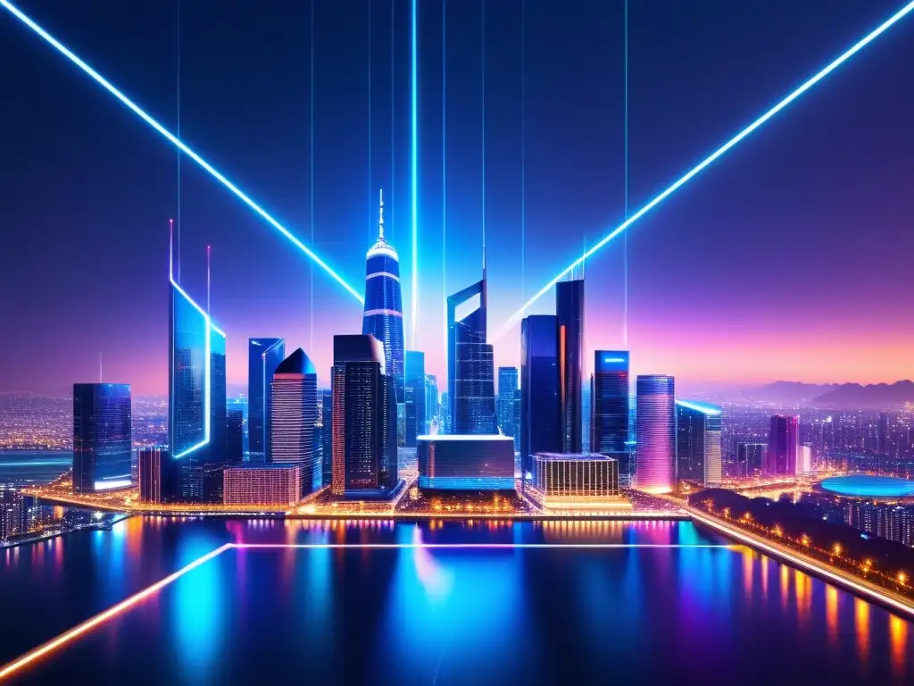 Una ciudad futurista iluminada por luces de neón y rodeada por un escudo digital brillante, simbolizando la protección de datos en la era del 5G