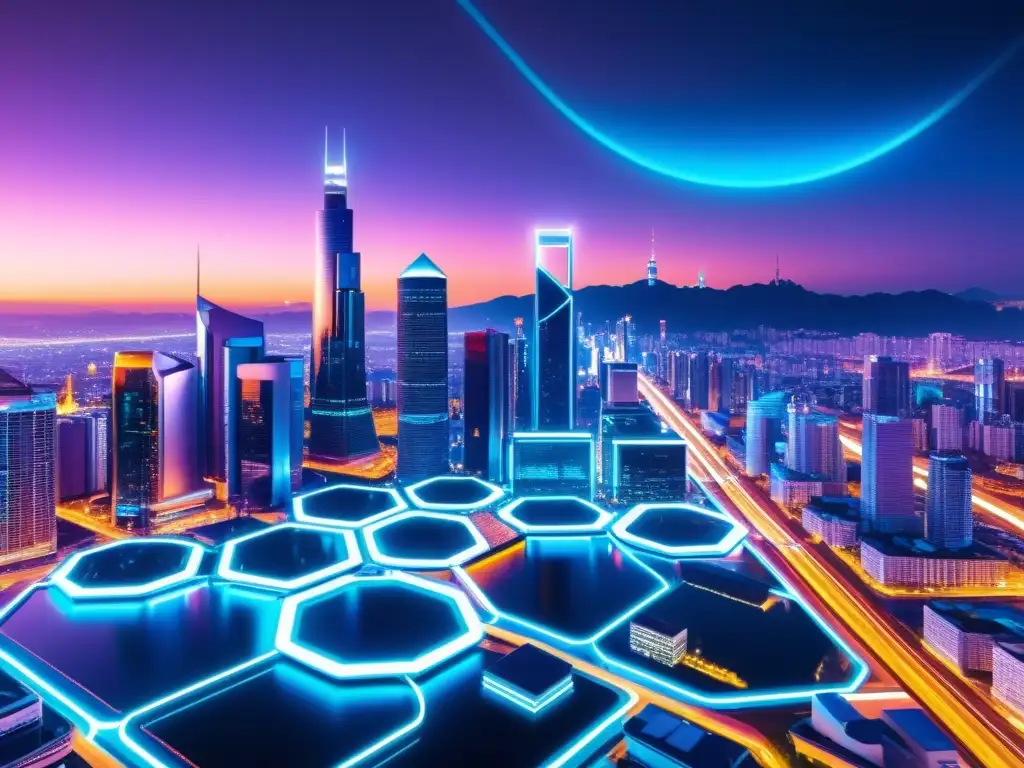 Una ciudad futurista iluminada por luces de neón, con tecnología IoT y Blockchain integrada en la infraestructura