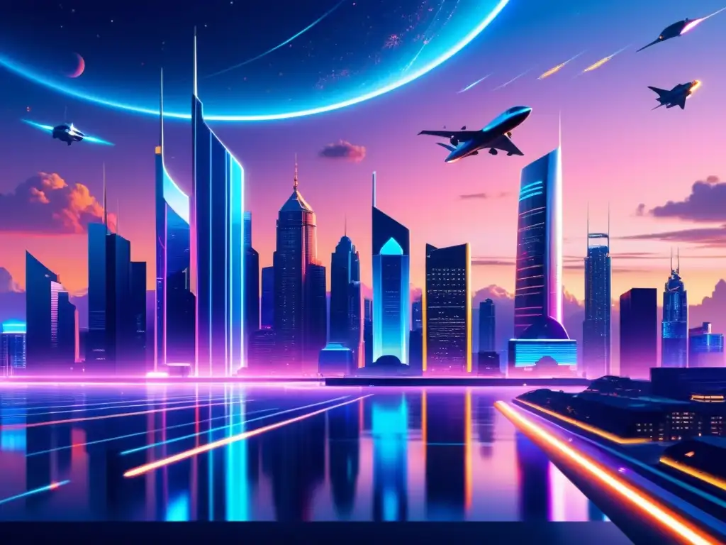 Metrópolis futurista: luces, rascacielos y tecnología avanzada Una ciudad futurista iluminada con rascacielos, vehículos voladores y luces de neón, evocando la singularidad tecnológica y el impacto en la humanidad