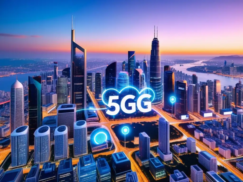 Una ciudad futurista iluminada al anochecer con rascacielos ultramodernos y redes de 5G, simbolizando los beneficios del 5G para conectividad global