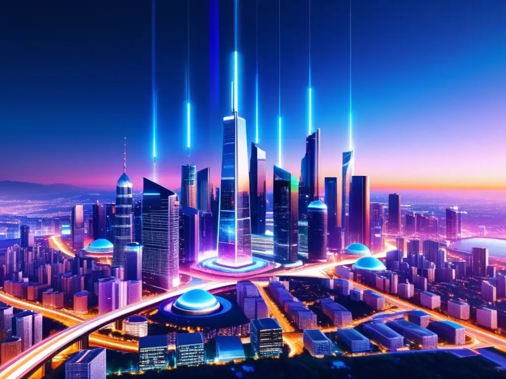 Una ciudad futurista iluminada por torres 5G, proyectando un resplandor vibrante