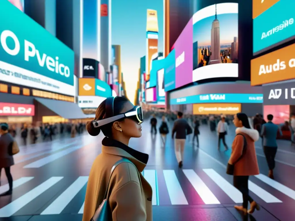 Una ciudad futurista llena de publicidad inmersiva impactante y experiencias visuales surrealistas con AR