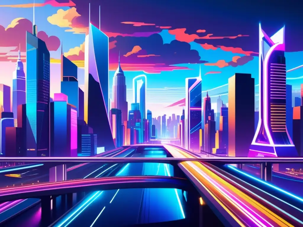 Una ciudad futurista llena de rascacielos brillantes, luces de neón y una red de carreteras y puentes