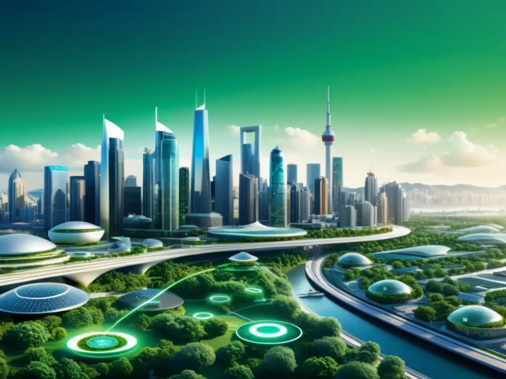 Una ciudad futurista con monitoreo ambiental con herramientas IoT integradas, promoviendo innovación y sostenibilidad urbana