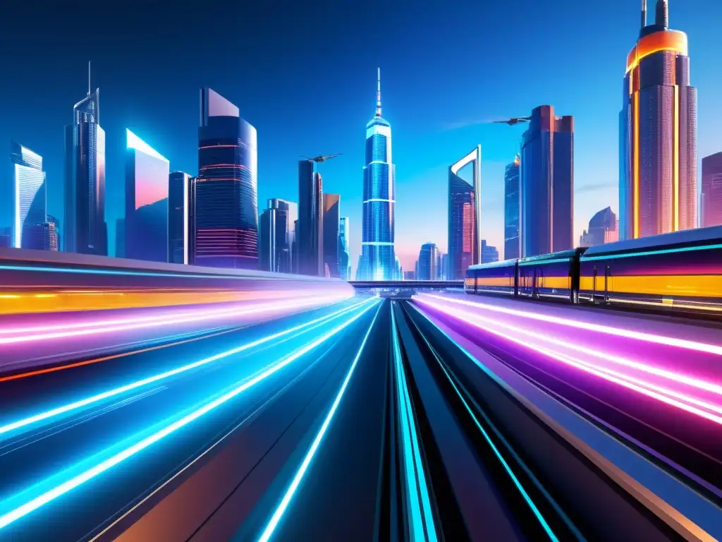 Una ciudad futurista de noche, con rascacielos iluminados por luces de neón y trenes de alta velocidad