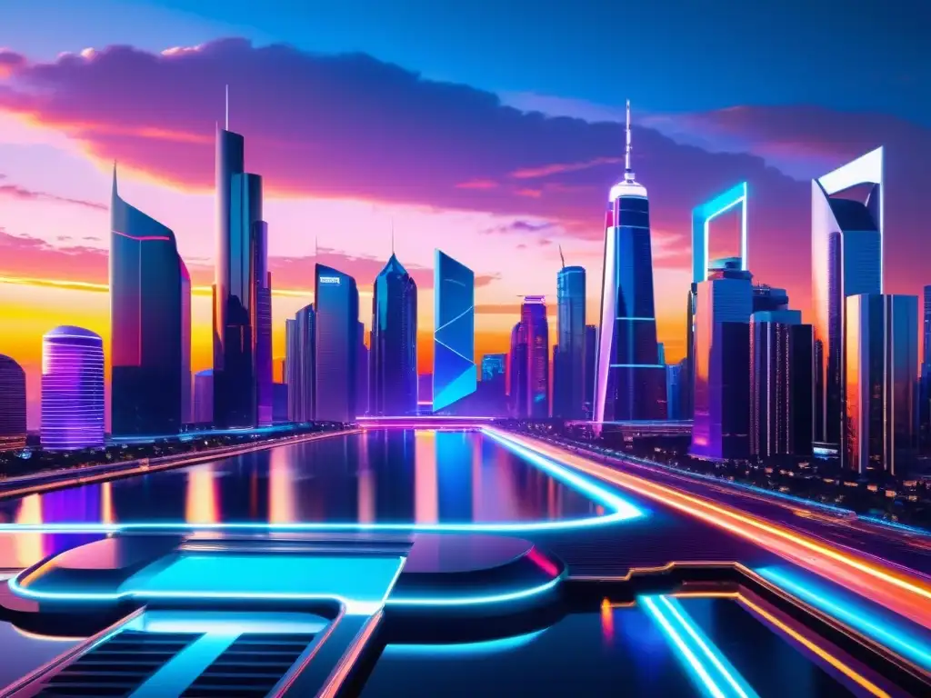 Una ciudad futurista con rascacielos brillantes reflejando luces de neón en un atardecer digital