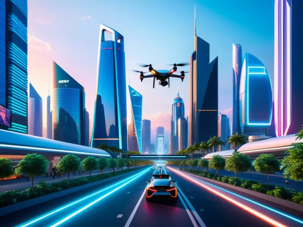 Metrópolis futurista: luces neón y avances tecnológicos Una ciudad futurista con rascacielos brillantes y tecnología avanzada, integrada con exuberante vegetación