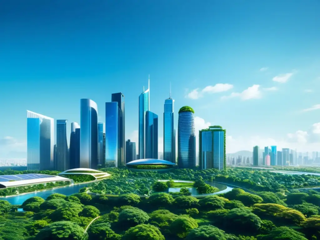 Una ciudad futurista con rascacielos ecoamigables integrados con naturaleza exuberante y energías renovables