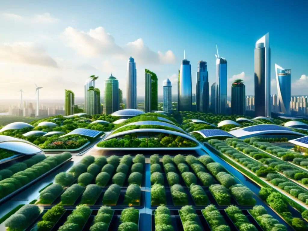 Una ciudad futurista con rascacielos ecológicos, vehículos eléctricos y tecnología emergente, reducción huella ecológica