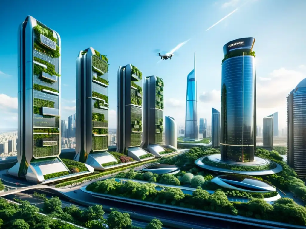 Una ciudad futurista con rascacielos elegantes y vehículos autónomos, jardines verticales, paneles solares, drones y luces de neón sostenibles, ilustra el impacto ambiental y la sostenibilidad de la inteligencia artificial