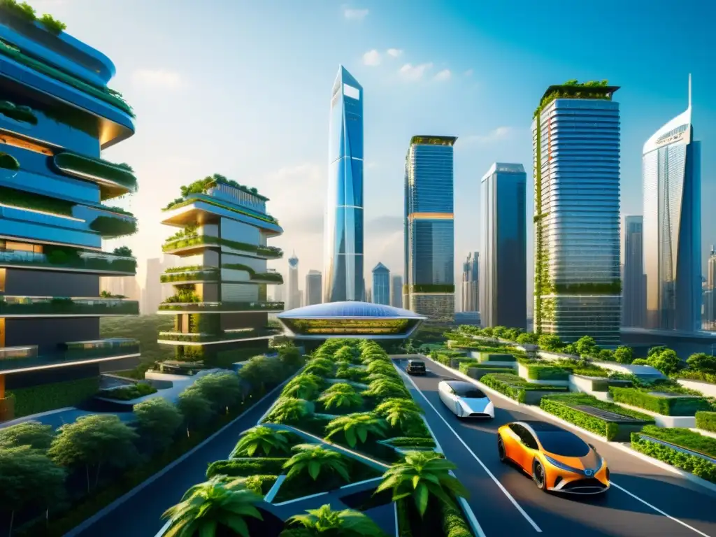 Una ciudad futurista con rascacielos gigantes y vegetación integrada, mostrando equilibrio entre avance tecnológico y sostenibilidad