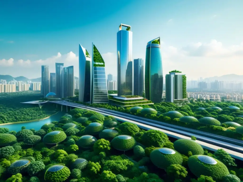 Una ciudad futurista con rascacielos integrados armoniosamente con la naturaleza, reflejando la integración de IA en planificación urbana