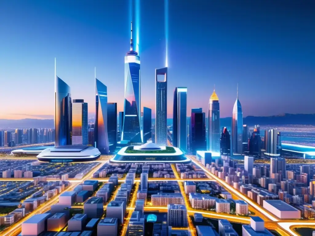 Contraste urbano: Futurista centro vs Una ciudad futurista con rascacielos de nanomateriales reflejantes, drones y vehículos avanzados, iluminada por luces de neón