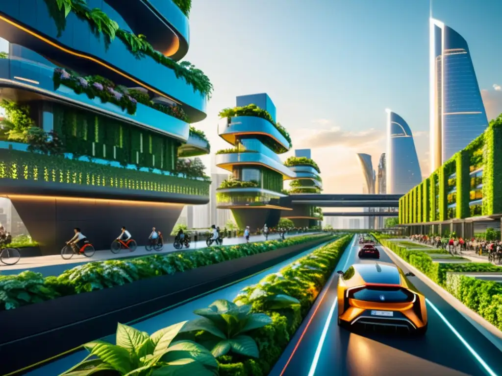 Una ciudad futurista con rascacielos verdes, paneles solares, vehículos eléctricos y armonía entre tecnología y sostenibilidad