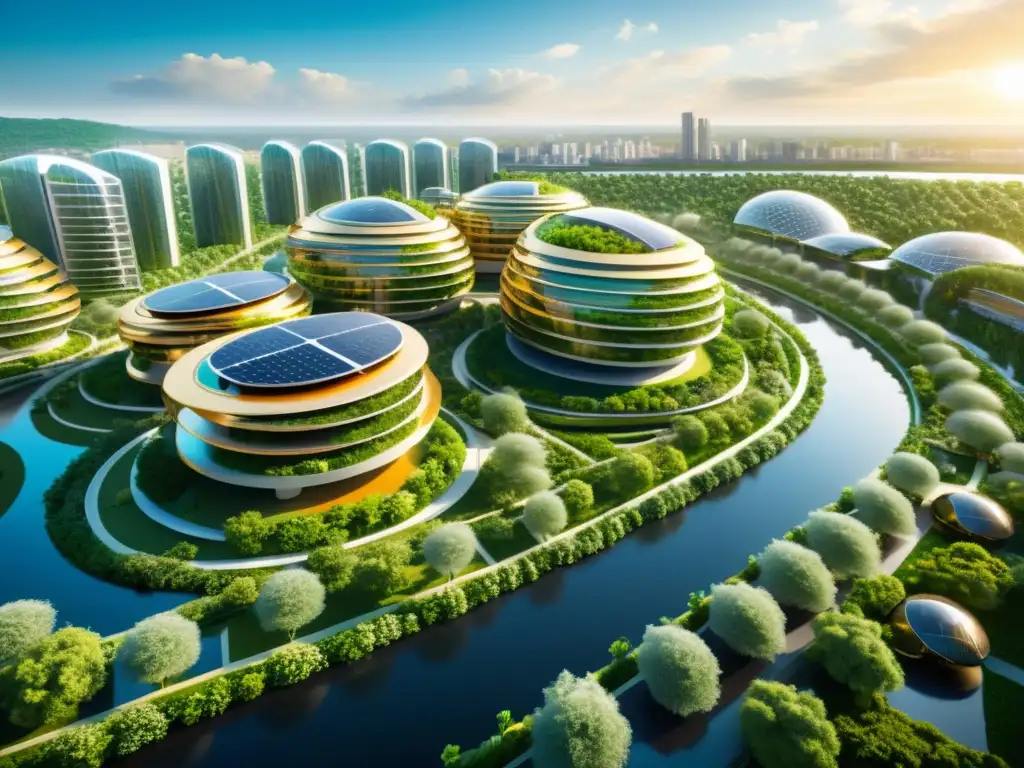 Una ciudad futurista sostenible con edificios interconectados y diseño energéticamente eficiente, rodeada de exuberante vegetación y agua limpia