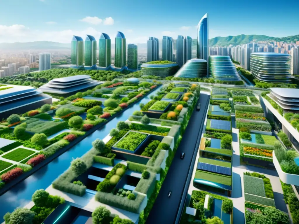 Una ciudad futurista sostenible con nanotecnología beneficiosa para el medio ambiente, integrando infraestructura verde y tecnología limpia