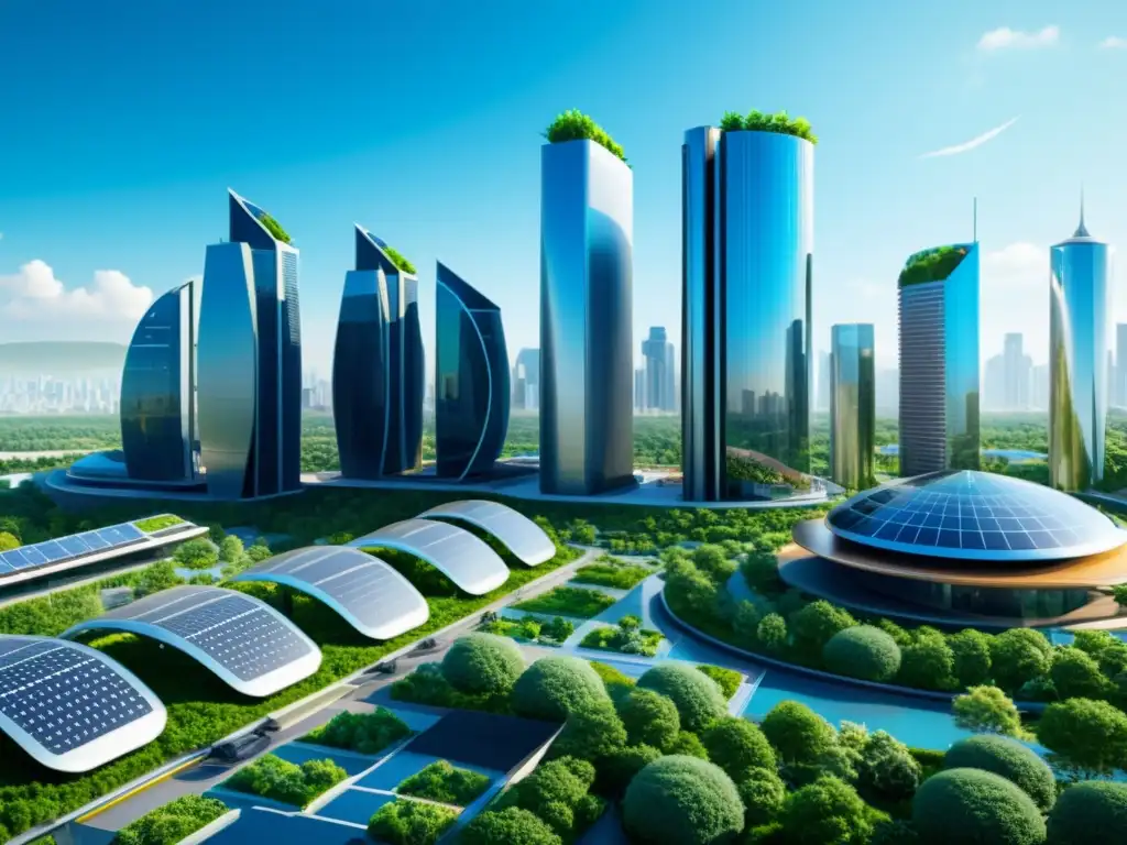 Una ciudad futurista sostenible, con rascacielos ecológicos, energía renovable y transporte limpio