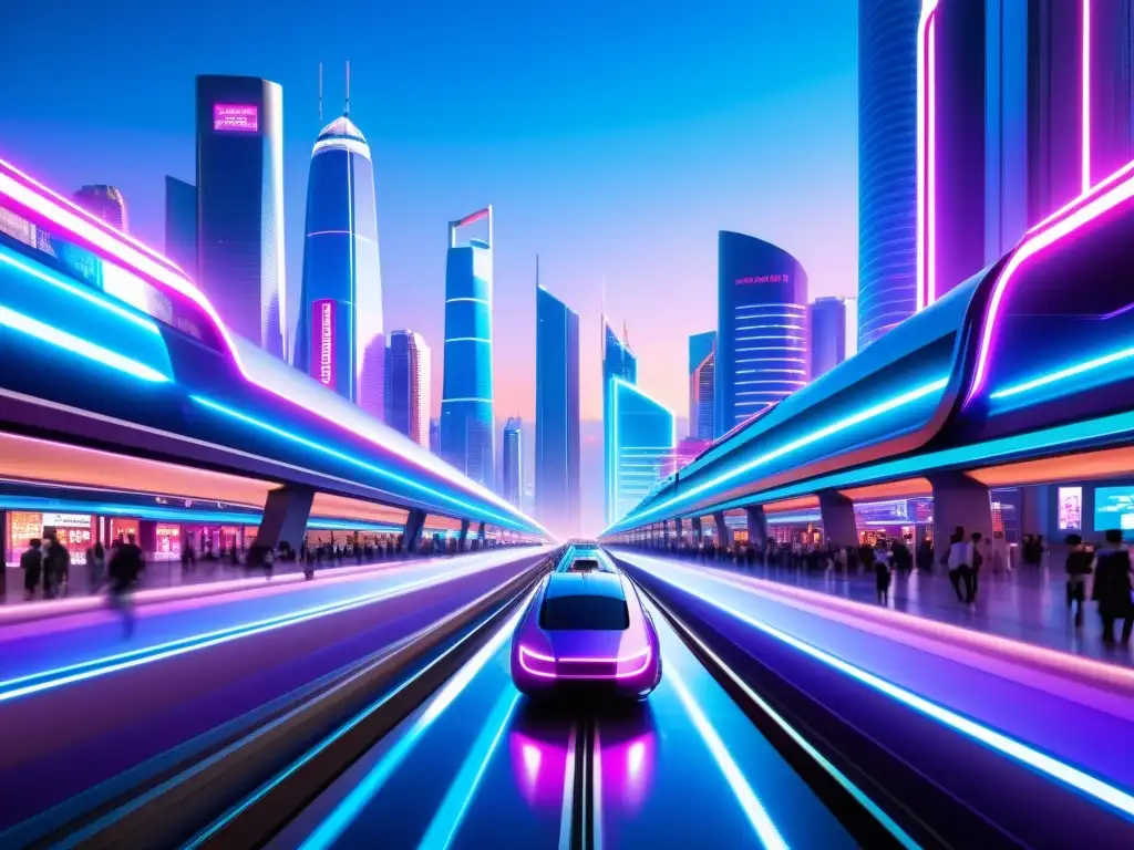 Metrópolis futurista: ciudad neón con inteligencia artificial Una ciudad futurista surrealista, llena de luces neón y actividad, poblada por personajes generados por IA