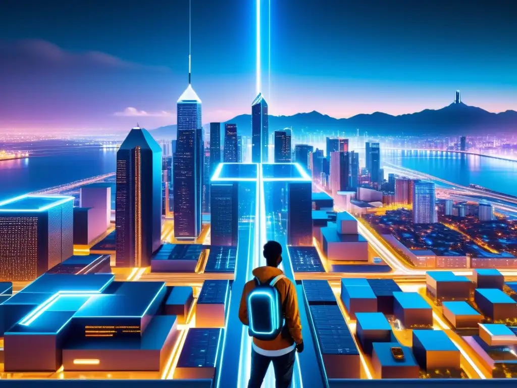 Una ciudad futurista con tecnología blockchain integrada, edificios transparentes, redes digitales interconectadas y transacciones de datos seguras en tiempo real