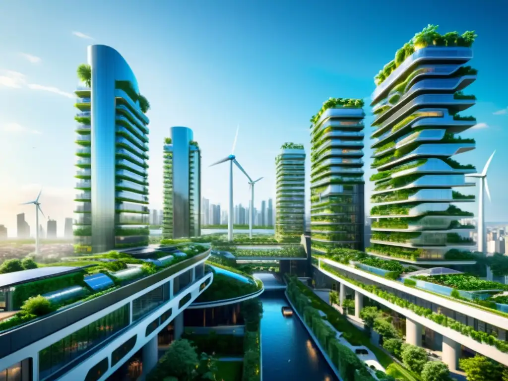 Una ciudad futurista integrando tecnología y diseño sostenible, con rascacielos ecológicos y vegetación exuberante en la arquitectura