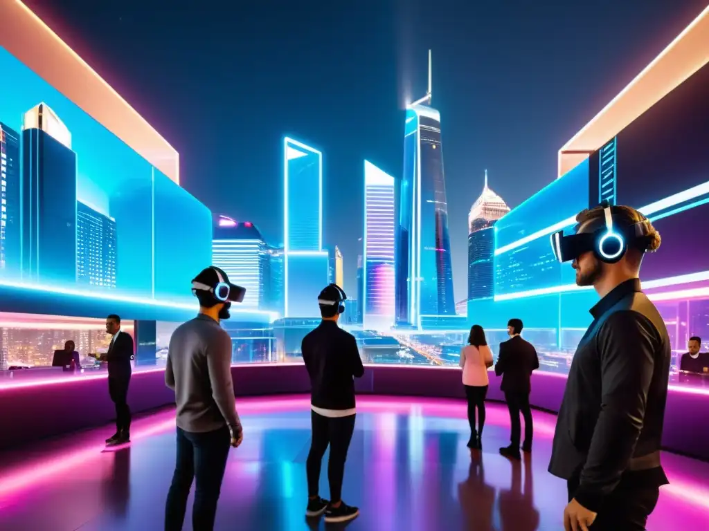 Una ciudad futurista con tecnología holográfica y luces de neón, con profesionales de ciberseguridad usando tecnología blockchain