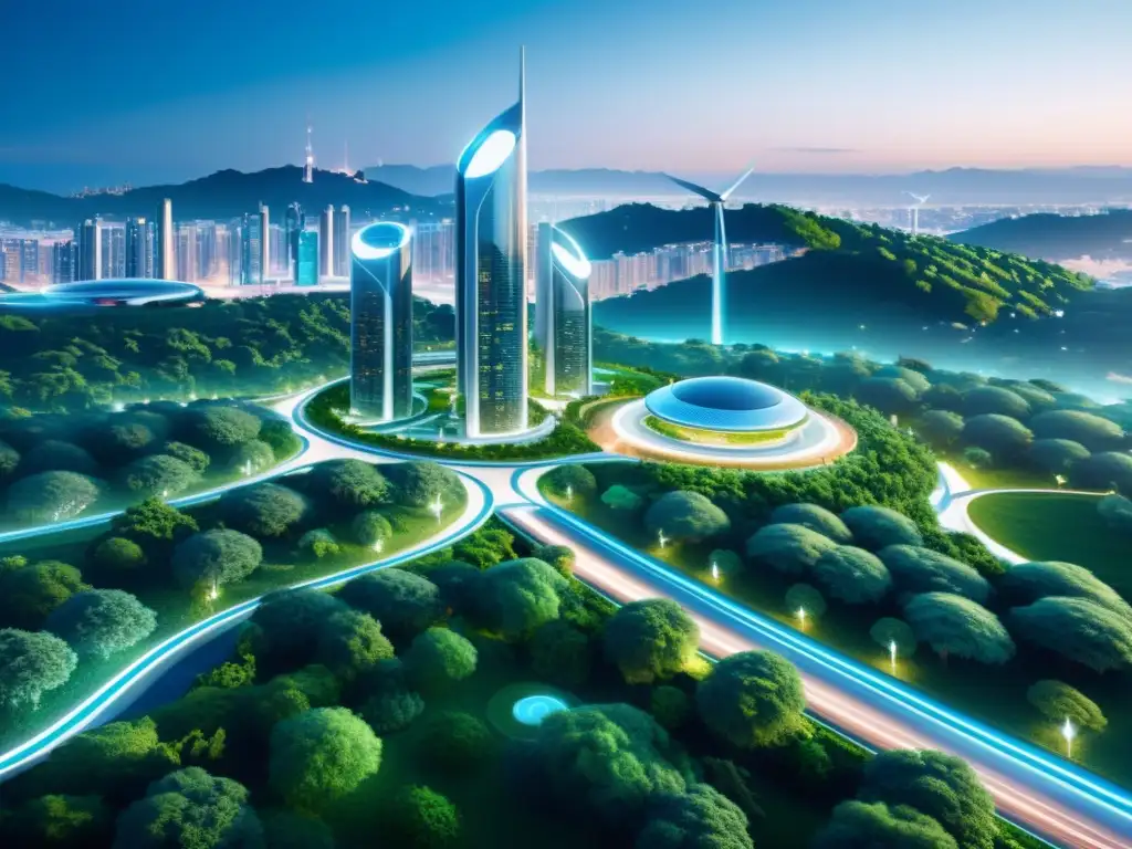 Una ciudad futurista con torres 5G integradas en la arquitectura, rodeada de vegetación y tecnología ecoamigable